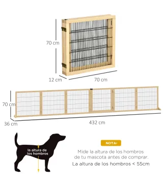 Barrera de Seguridad para Perros Plegable de Madera para Escaleras y Puertas con Soporte de Pie 432x36x70 cm Natural