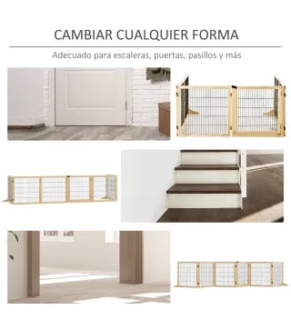 Barrera de Seguridad para Perros Plegable de Madera para Escaleras y Puertas con Soporte de Pie 432x36x70 cm Natural