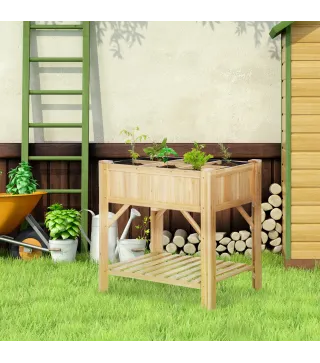 Huerto Urbano de Madera 78,5x58x81 cm Mesa de Cultivo con 6 Compartimentos y Estante Inferior para Plantas Flores en Jardín Terr