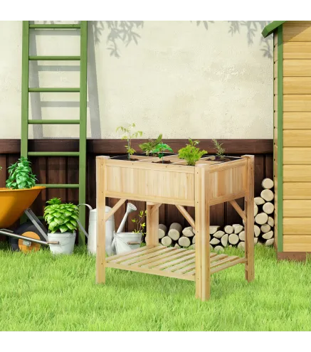 Huerto Urbano de Madera 78,5x58x81 cm Mesa de Cultivo con 6 Compartimentos y Estante Inferior para Plantas Flores en Jardín Terr