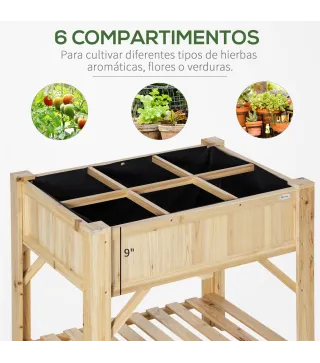 Huerto Urbano de Madera 78,5x58x81 cm Mesa de Cultivo con 6 Compartimentos y Estante Inferior para Plantas Flores en Jardín Terr