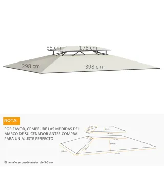 Techo de Repuesto 4x3 m para Cenador de Jardín 2 Niveles Transpirable con 8 Orificios de Drenaje Cubierta Superior de Reemplazo
