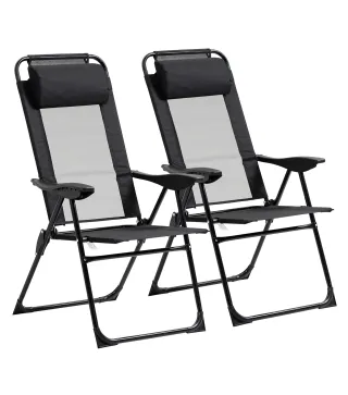 Conjunto de 2 Sillas de Camping Plegables con Reposacabezas Desmontable y Respaldo Reclinable 62x70x109 cm Negro