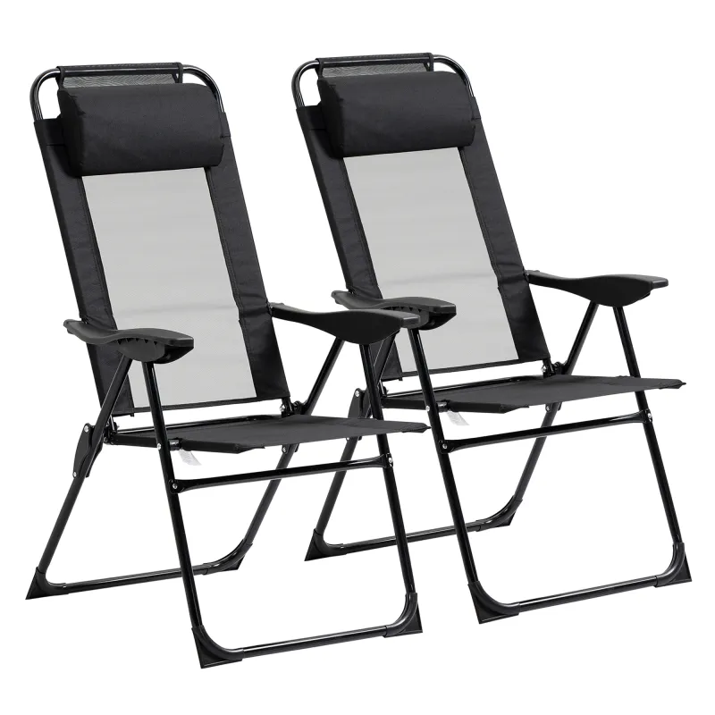 Conjunto de 2 Sillas de Camping Plegables con Reposacabezas Desmontable y Respaldo Reclinable 62x70x109 cm Negro