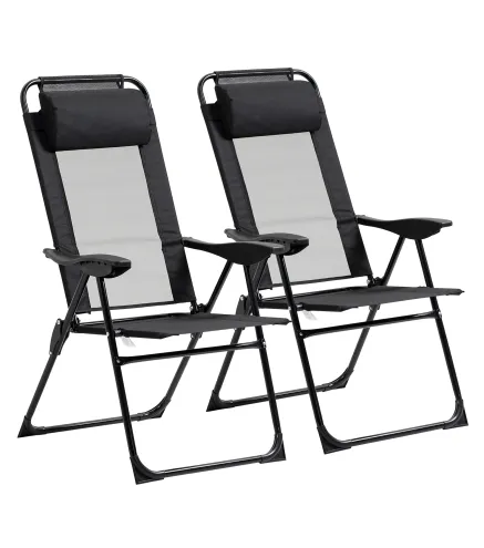 Conjunto de 2 Sillas de Camping Plegables con Reposacabezas Desmontable y Respaldo Reclinable 62x70x109 cm Negro