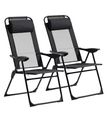 Conjunto de 2 Sillas de Camping Plegables con Reposacabezas Desmontable y Respaldo Reclinable 62x70x109 cm Negro