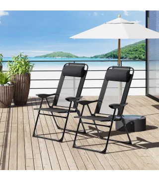 Conjunto de 2 Sillas de Camping Plegables con Reposacabezas Desmontable y Respaldo Reclinable 62x70x109 cm Negro
