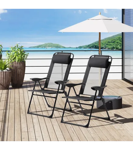 Conjunto de 2 Sillas de Camping Plegables con Reposacabezas Desmontable y Respaldo Reclinable 62x70x109 cm Negro