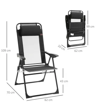 Conjunto de 2 Sillas de Camping Plegables con Reposacabezas Desmontable y Respaldo Reclinable 62x70x109 cm Negro