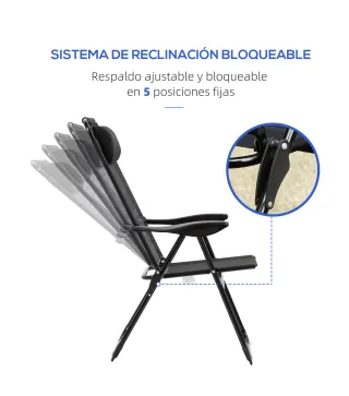 Conjunto de 2 Sillas de Camping Plegables con Reposacabezas Desmontable y Respaldo Reclinable 62x70x109 cm Negro