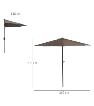 Sombrilla 269x138x236 cm Parasol de Jardín con Manivela y Forma Semicircular Tela Poliéster 180 g/m² para Exterior Terraza Patio