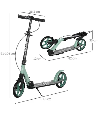 Patinete Plegable para Adultos y Niños de +14 Años Scooter con Manillar Ajustable 91,5x36,5x91-104 cm Verde
