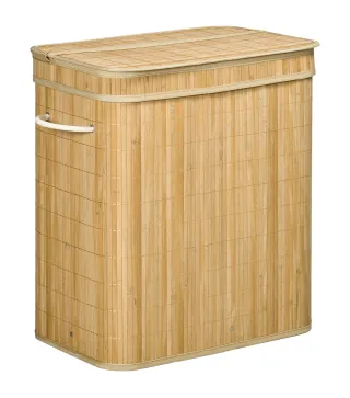Cesto de Ropa Sucia 90 L de Bambú con 2 Compartimentos Asas Bolsa Interior Extraíble 54,2x35,2x59,5 cm Natural