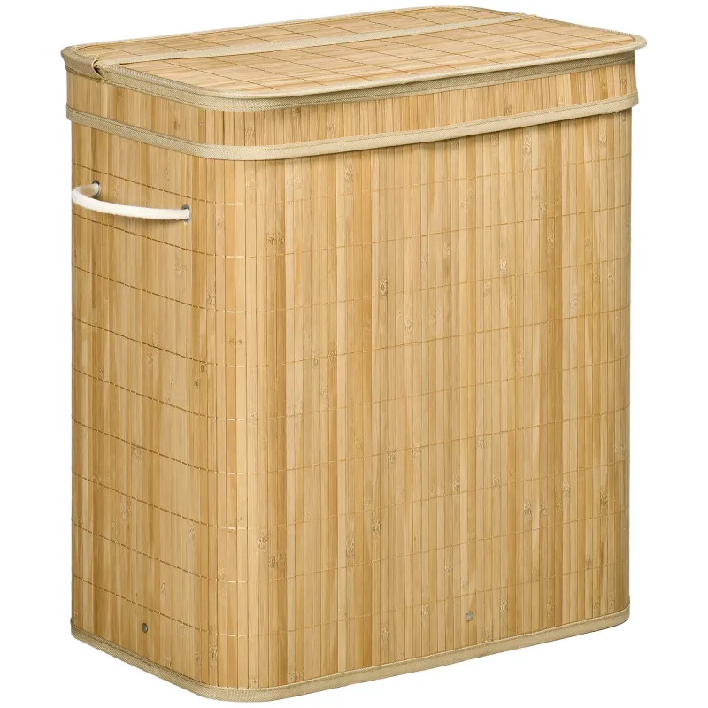 Cesto de Ropa Sucia 90 L de Bambú con 2 Compartimentos Asas Bolsa Interior Extraíble 54,2x35,2x59,5 cm Natural