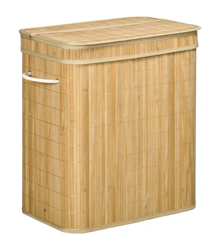 Cesto de Ropa Sucia 90 L de Bambú con 2 Compartimentos Asas Bolsa Interior Extraíble 54,2x35,2x59,5 cm Natural