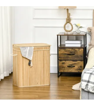 Cesto de Ropa Sucia 90 L de Bambú con 2 Compartimentos Asas Bolsa Interior Extraíble 54,2x35,2x59,5 cm Natural