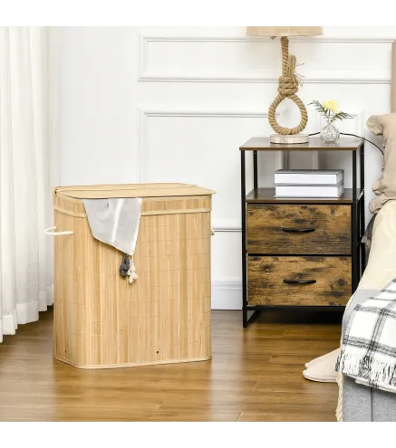 Cesto de Ropa Sucia 90 L de Bambú con 2 Compartimentos Asas Bolsa Interior Extraíble 54,2x35,2x59,5 cm Natural