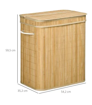 Cesto de Ropa Sucia 90 L de Bambú con 2 Compartimentos Asas Bolsa Interior Extraíble 54,2x35,2x59,5 cm Natural