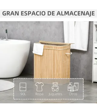 Cesto de Ropa Sucia 90 L de Bambú con 2 Compartimentos Asas Bolsa Interior Extraíble 54,2x35,2x59,5 cm Natural