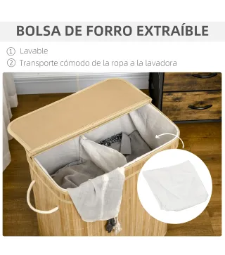 Cesto de Ropa Sucia 90 L de Bambú con 2 Compartimentos Asas Bolsa Interior Extraíble 54,2x35,2x59,5 cm Natural