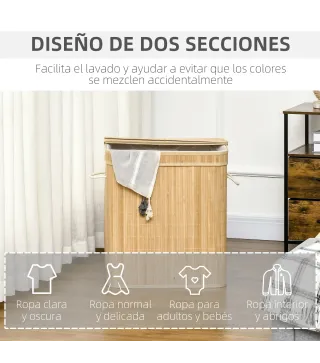 Cesto de Ropa Sucia 90 L de Bambú con 2 Compartimentos Asas Bolsa Interior Extraíble 54,2x35,2x59,5 cm Natural