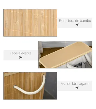 Cesto de Ropa Sucia 90 L de Bambú con 2 Compartimentos Asas Bolsa Interior Extraíble 54,2x35,2x59,5 cm Natural