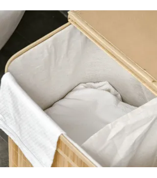 Cesto de Ropa Sucia 90 L de Bambú con 2 Compartimentos Asas Bolsa Interior Extraíble 54,2x35,2x59,5 cm Natural