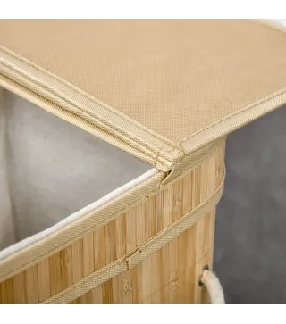 Cesto de Ropa Sucia 90 L de Bambú con 2 Compartimentos Asas Bolsa Interior Extraíble 54,2x35,2x59,5 cm Natural