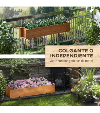 Jardinera de Madera con 2 Ganchos para Colgar para Cultivos Plantas Flores al Exterior 91x18x16,5 cm Natural