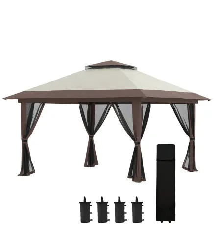 Carpa Plegable Pop-up con Altura Ajustable Protección UV50+ Doble Techo y Mosquiteras 4x4x2,8 m Beige