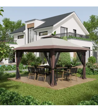 Carpa Plegable Pop-up con Altura Ajustable Protección UV50+ Doble Techo y Mosquiteras 4x4x2,8 m Beige