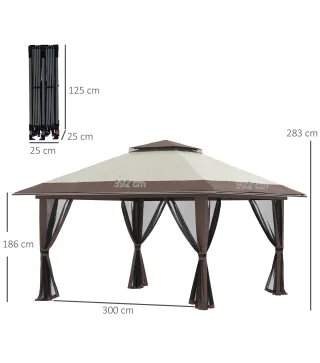 Carpa Plegable Pop-up con Altura Ajustable Protección UV50+ Doble Techo y Mosquiteras 4x4x2,8 m Beige