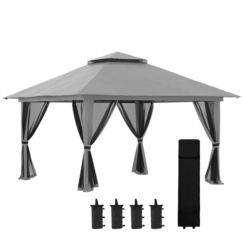 Carpa Plegable Pop-up con Altura Ajustable Protección UV50+ Doble Techo y Mosquiteras 4x4x2,8 m Gris