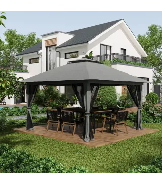 Carpa Plegable Pop-up con Altura Ajustable Protección UV50+ Doble Techo y Mosquiteras 4x4x2,8 m Gris