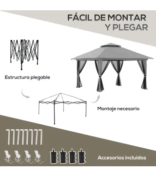 Carpa Plegable Pop-up con Altura Ajustable Protección UV50+ Doble Techo y Mosquiteras 4x4x2,8 m Gris