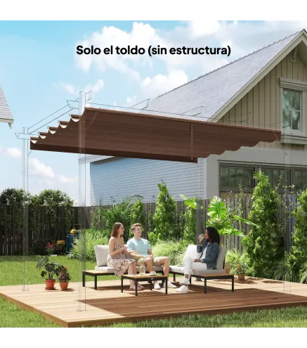 Cubierta para Techo Retráctil de 2,5x2,55m para Pérgola 3x3 Tela de Repuesto con 10 Orificios de Drenaje Café