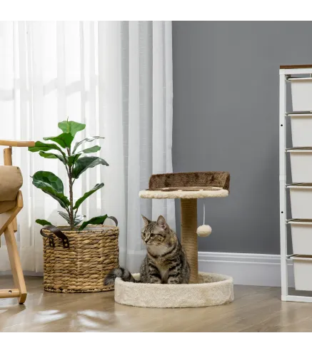 Árbol Rascador para Gatos Altura 44 cm Torre de Escalada con 2 Camas Poste de Yute, Juguete Colgante Marrón