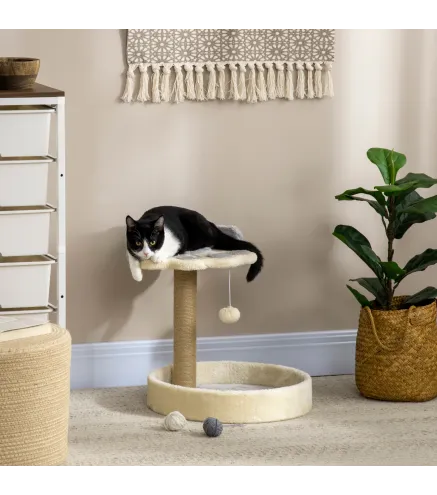 Árbol Rascador para Gatos Altura 44 cm Torre de Escalada con 2 Camas Poste de Yute, Juguete Colgante Gris Claro