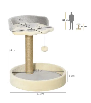 Árbol Rascador para Gatos Altura 44 cm Torre de Escalada con 2 Camas Poste de Yute, Juguete Colgante Gris Claro