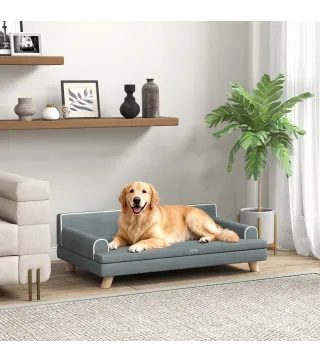 Sofá para Perros Grandes y Medianos Tapizada en Chenilla con Cojín Lavable y Patas de Madera de Pino Gris Oscuro