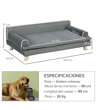 Sofá para Perros Grandes y Medianos Tapizada en Chenilla con Cojín Lavable y Patas de Madera de Pino Gris Oscuro