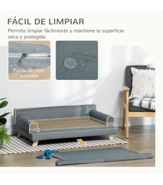Sofá para Perros Grandes y Medianos Tapizada en Chenilla con Cojín Lavable y Patas de Madera de Pino Gris Oscuro
