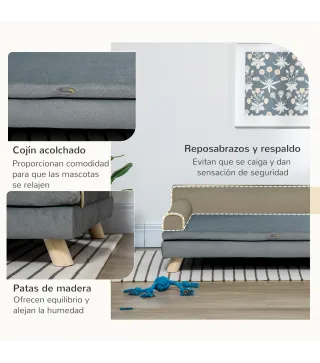 Sofá para Perros Grandes y Medianos Tapizada en Chenilla con Cojín Lavable y Patas de Madera de Pino Gris Oscuro