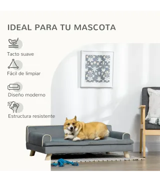 Sofá para Perros Grandes y Medianos Tapizada en Chenilla con Cojín Lavable y Patas de Madera de Pino Gris Oscuro