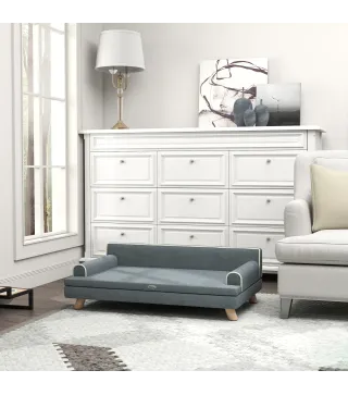 Sofá para Perros Grandes y Medianos Tapizada en Chenilla con Cojín Lavable y Patas de Madera de Pino Gris Oscuro