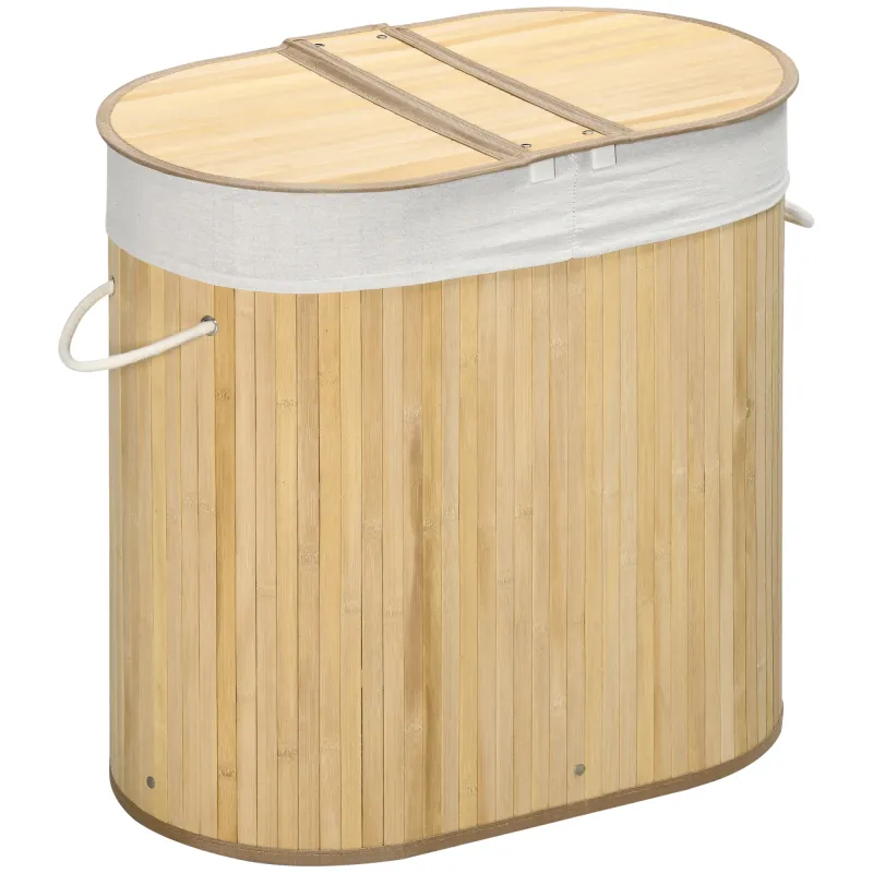 Cesto para Ropa Sucia de Bambú 100L 2 Compartimentos Bolsa Interior Extraíble y Lavable 62,5x37x60,5 cm Natural