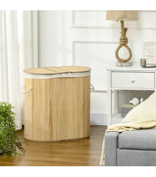 Cesto para Ropa Sucia de Bambú 100L 2 Compartimentos Bolsa Interior Extraíble y Lavable 62,5x37x60,5 cm Natural