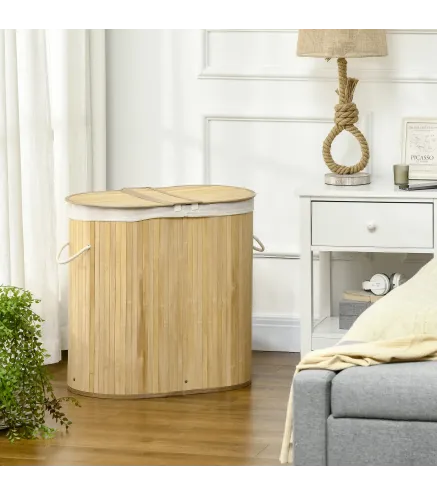 Cesto para Ropa Sucia de Bambú 100L 2 Compartimentos Bolsa Interior Extraíble y Lavable 62,5x37x60,5 cm Natural