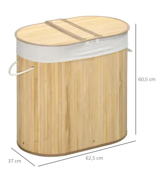Cesto para Ropa Sucia de Bambú 100L 2 Compartimentos Bolsa Interior Extraíble y Lavable 62,5x37x60,5 cm Natural
