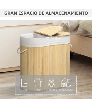 Cesto para Ropa Sucia de Bambú 100L 2 Compartimentos Bolsa Interior Extraíble y Lavable 62,5x37x60,5 cm Natural